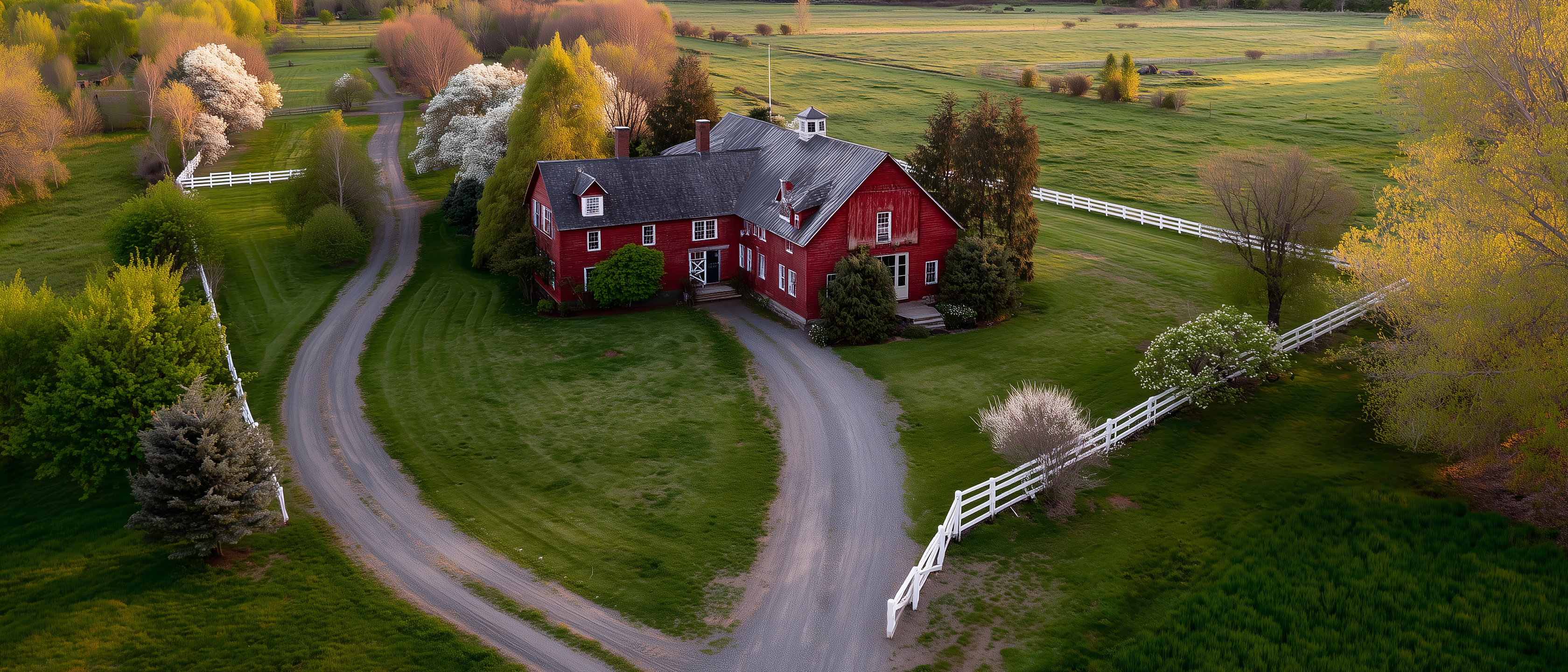 Aerial view of classic red barn-style home